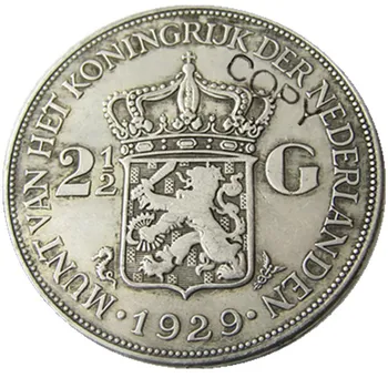 Holandsko 1929 2 1/2 Guldenu Wilhelmina Strieborné Pozlátené Kópiu Dekoratívne Mince