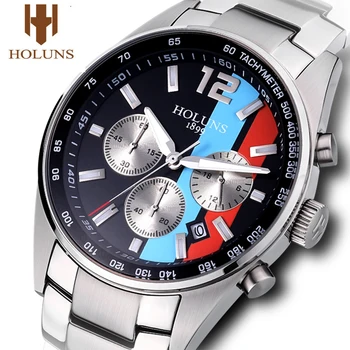 HOLUNS pánske Módne hodinky Plné nehrdzavejúcej ocele Multifunkčné Športové quartz chronograf náramkové hodinky Vodotesné