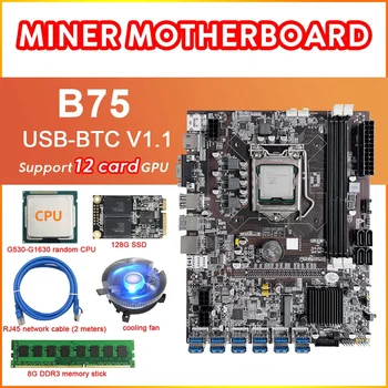 HOT-B75 12Card BTC Ťažba Doske+G530/G1630 CPU+Ventilátor+8G DDR3 RAM+128G SSD+RJ45 Sieťový Kábel 12USB3.0 LGA1155 PAMÄTE DDR3 MSATA