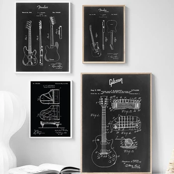 Hudobné Nástroje, Patent Tlač Vintage Poster Gitara Klavír Snare Plán Wall Art Plátno, Maľovanie, Obrázky, Hudbu, Štúdio Dekor