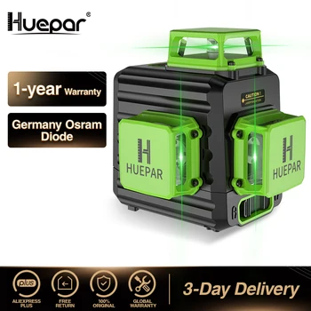 Huepar 3D Kríž Line Self-nivelačný Laser Úrovni 12 riadkov Zelený Lúč Li-ion akumulátor Typu C Nabíjací Port & Pevného puzdra