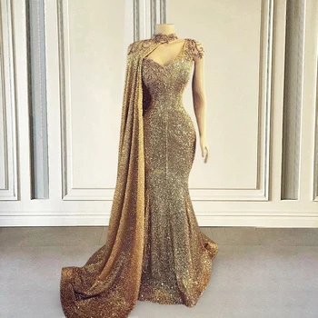 Jeden Ramenný Zlato Večerné Šaty Dlhé Luxusné 2022 Morská víla Iskrivý Sequin Korálky so Šatkou Dubaj Ženy Formálne Šaty Prom Šaty