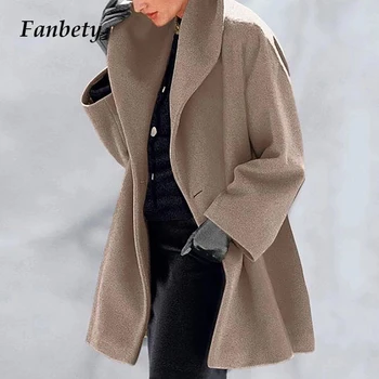 Jeseň a v Zime Teplý Vlnený Kabát s Kapucňou 2020 Ženy Elegantné Jediného Tlačidla Dlhý Sveter Žena Vintage Zase Dole Golier Outwear 5XL
