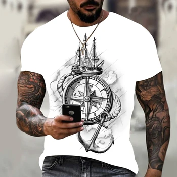 Kompas pre Mužov 3D Vytlačené T - Shirt Príležitostné Voľné Hip - Hop Krátke Rukávy Street Fashion Trend Biele Letné Klasické Tričko