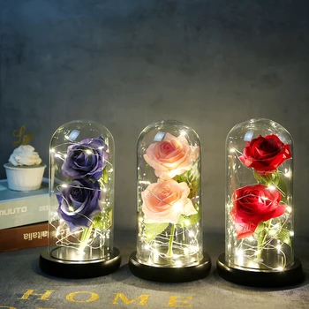 Krásne Večný Rose Dvojité kvet LED Svetlo, Kráska A Zviera, skrsla V Sklenenou Kupolou Pre Matky Narodeniny, valentín Darček