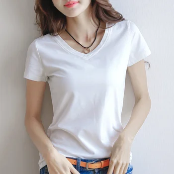 Kórejská Verzia Farbou V-krku-Krátke Rukávy T-shirt Topy Ženy Módne Topy Harajuku Tričko Oblečenie Žien