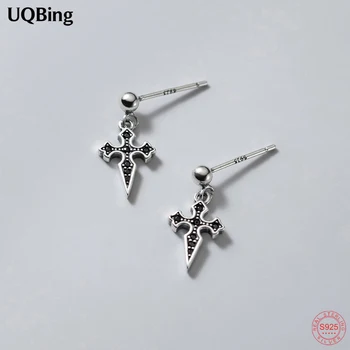 Kórejský Elegantné 925 Sterling Silver Black CZ Zirkón Kríž Thai Striebro Stud Náušnice Pre Ženy Jemné Dary, Šperky