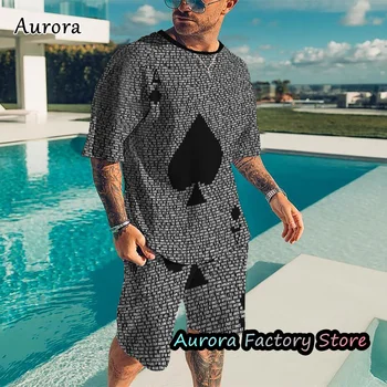 Letné pánskej Módy Trend Tepláková súprava 3D Tlač Poker T-Shirt Šortky Vyhovovali 2 Kusy Neformálne Oblečenie Nastaviť Muž Nadrozmerné Oblečenie