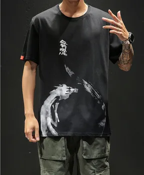 Letné Čínsky Štýl T-shirt Ležérne Módne Atrament Maľovanie Animácie Ulici Tlač Hip-hop okolo Krku Mužov Japonský Krátky Rukáv