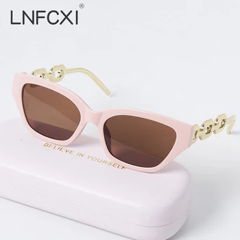 LNFCXI Nové Reťazca Štýl Rám Dámy Cat Eye Trendy slnečné Okuliare, Luxusné Značky Malé Rámom Slnečné Okuliare Ženy Kovové Okuliare UV400