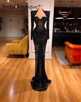 Luxusné Black Crystal Morská Víla Večerné Šaty 2022 Dlhé Rukávy Prom Party Svadobný Hosť Celebrity Šaty Šaty Šaty De Soirée