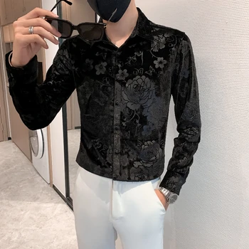 Luxusné Velvet Kvet Košele pre Mužov 2021 Slim Bežné Obchodné Formálne Šaty, Tričko Sociálnej Strany Streetwear Blúzka Košieľka Homme