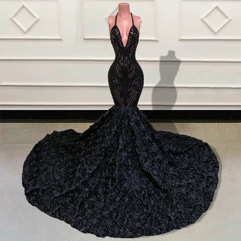 Luxusné Čierne Dievčatá Morská víla Dlhé Šaty Ples 2022 Iskrivý Sequin V Krku Backless 3D Kvety Vlak Formálne Večerné Šaty pre Strany