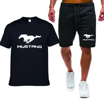 Mens T-shirts Mustang Auto Logo Tlač Lete Bavlna Ležérne Pánske Krátke rukáv Vysoko Kvalitné pánske T-shirt + šortky 2-dielna sada S