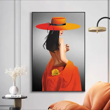 Moderné Abstraktné Sexy Orange Veľký Klobúk Žena, Plagáty a Vytlačí Plátne, Obrazy na Stenu Umenie Fotografie pre Obývacia Izba Dekor (Bez Rámu)