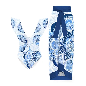 Modrá Módy Tlače Prehrabať Jednodielne Plavky Brazílsky Biquini Nastaviť Plavky Ženy Plavky Tlač Na Kvetinový Tie Dye Čipky Prúžok