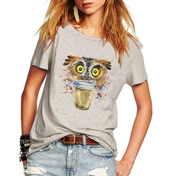 Móda Ženy tričko zábavné multicolour psychedelic sova Piť kávu Vytlačené t-shirt bavlny o-krku Pohode tee značku oblečenia