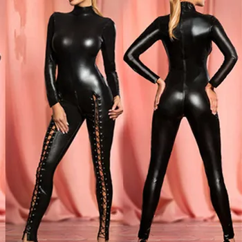 Najnovšie Sexy Žena, Čierne Dlhé Rukávy Kombinézu Jumpsuit Šnurovacie Kožené Tanečné Catsuit