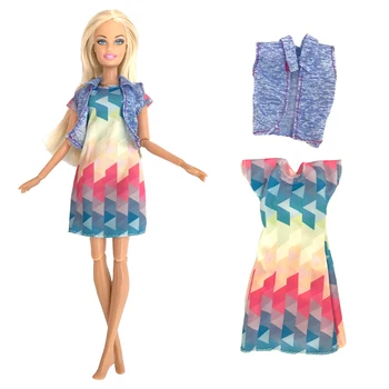 NK Úradný 1 Ks Módne Lady Denné Oblečenie s Rukáv Rainbow, Tričko Modrá Vesta Šaty Moderné Oblečenie pre Barbie Bábiky Hračky