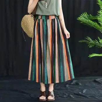 Nový Japonský Mori Dievča Ženy Midi Sukne S Vysokým Pásom Farebné Pruhované Jupe Femme Longo Elegantný Retro Bavlnená Posteľná Bielizeň Sukne Dámske