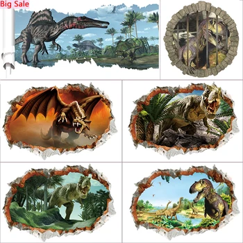 Nový Príchod 3d Dinosaurov Samolepky na Stenu Domáce Dekorácie Živé Rozbité Otvor Zvieratá Nástenné Art Chlapcov Deti na Izbe Pvc Nálepky Diy Plagáty
