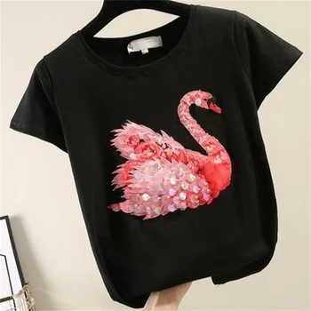 Perlové sequined bavlna-krátke rukávy t-shirt dámske 2022 jar leto voľné swan módne bežné t-shirt