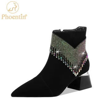 Phoentin drahokamu strany Členková obuv pre ženy 2022 zimné sexy ukázal prst krátke topánky, elegantné ženy čierne biele topánky FT2014