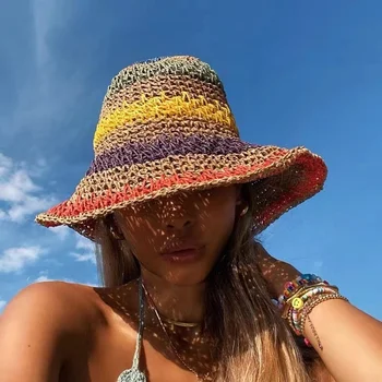 Pláž Hat Žena Slnko Slamy Ručné Rainbow Prekladané Háčkovanie Pláži BOHO Vedierko Hat Pláž Hat Klobúk Háčkovanie