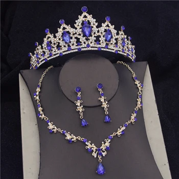 Princezná Modré Crystal Koruny Svadobné Šperky Sady pre Ženy Móda Tiara Nevesta Náhrdelníky Náušnice Ples Svadobné Šaty, Doplnky