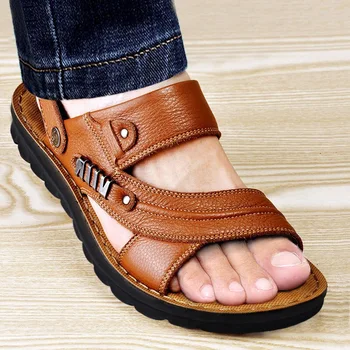 Pánske Plážové Topánky Sandále Krava Kvalitné Originálne Kožené Non-slip pánske Papuče Priedušná Dve Použitia pánske sandále pánske Topánky