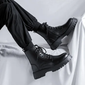pánske topánky luxusné módne čierne príliv originálne kožené topánky na vysokej hore motocykel boot jar jeseň kovboj platformu dlho botas