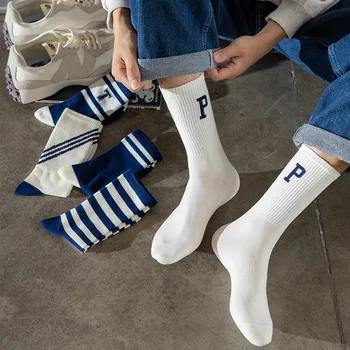 Pánske Čistej Bavlny Uprostred Trubice Ponožky s Písmenom Prekladané Zimné Ponožky Módne Modrá Biele Ponožky