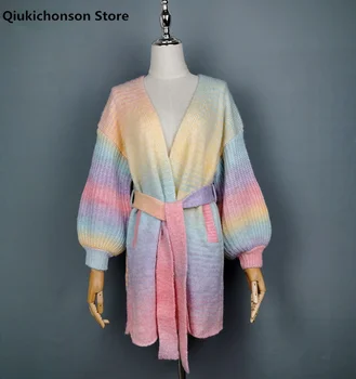Qiukichonson Vintage Gradient Rainbow Pruhovaný Sveter Zrastov Ženy Svietidla Rukáv Tunika Belted Cardigan Kabát Gardigan vytiahnuť femme