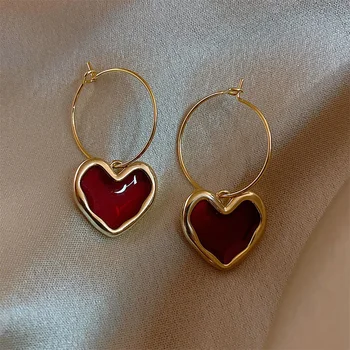Romantický Červená Smalt Srdce Hoop Náušnice Kúzlo Kovu Zlatej Farby Roztomilý Náušnice Medené Šperky Pendientes Mujer Moda 2021