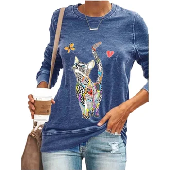 Roztomilé Mačka Tlače Bežné Ženy T-shirt Long Sleeve Plus Veľkosť Jeseň Nové Kreslené Tričká dámske 3XL 4XL 5XL Modré, Čierne Košele Femme