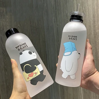 Roztomilý medvedík Panda Pohár 1000ml Fľaše na Vodu S Slamy Transparentné Cartoon Fľaša na Vodu Drinkware Matné nepriepustných Bielkovín Shaker