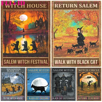 Salem je Čarodejnica A Čierna Mačka, Umenie Plagátu A Tlač Halloween Čarodejnice Strany Steny Umelecké Plátno Pianting Na Čarodejnice Domov Dekoratívne