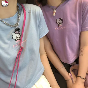 Sanrio Hello Kitty Cartoon Lete Nové Vyšívané Krátke Rukávy T-shirt dámske Sladké Japonský Farebné Krátky Top Fashion Girl