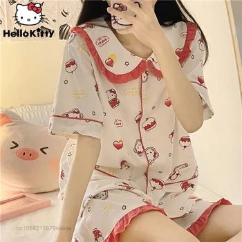 Sanrio Hello Kitty Leto Doma Šaty Cute Pyžamo Ženy 2 Dielna Sada Y2k Topy Šortky Kórejský Sladké Bežné Vyhovovali Žena Sleepwear
