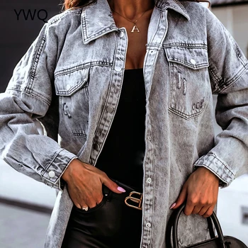 Strapec Sivá Denim Jacket Ženy Priateľ Kabát Dlhý Rukáv Jar 2021 Nové Voľné Bundy Európe, Amerike Street Style Bežné Coats