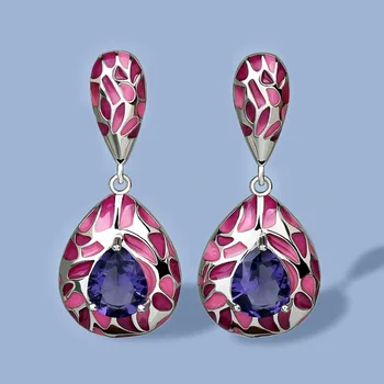 Strieborné Náušnice pre Ženy, Skutočné 925 Silver Plated Purple Stone Žiarivá Modrá CZ Jemné Šperky vyrábané Ručne Smalt Nádherné Náušnice