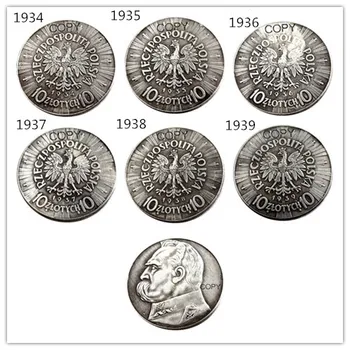 Súbor(1934-1939) 6pcs Poľsko 10 Zlotych Strieborné Pozlátené Kópiu Mince