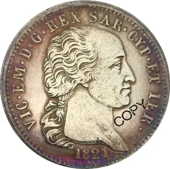 Taliansko Štáty Sardínia 1821 Vittorio Emanuele 5 Lire Mosadz Striebro Pozlátené Kópiu Mince
