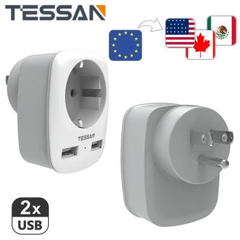 TESSAN EÚ NÁM Travel Adaptér s 2 USB (2.4 A), 2 Pin Európe, 3 Pin USA Sieťovej Nabíjačky pre Cestovanie /Home