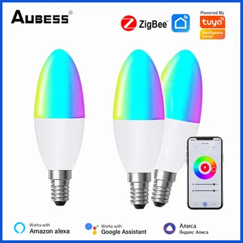 Tuya Zigbee Smart Žiarovky E14 Stlmiť Svetlo RGB+CW 5W Inteligentný Život Aplikáciu Diaľkové Ovládanie Kompatibilné S Alexa Domovská stránka Google Alice