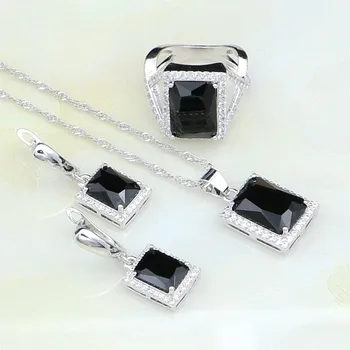 Tvar Štvorec Black Cubic Zirconia Biely Zirkón 925 Sterling Silver Šperky Sady Pre Ženy Náušnice/Krúžok/Prívesok /Náhrdelník