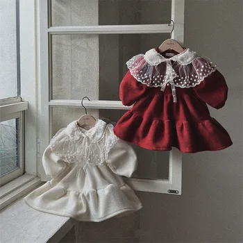 Tweed Vianočné Vintage Lístkového Rukávy Šaty Dieťa Dievča Nádherné Mäkké Princezná Šaty Deti Sladké Boutique Pás-skimming Šaty
