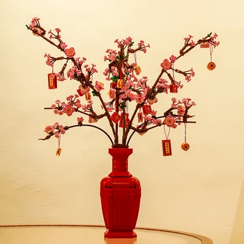Umelé Nesmrteľný Kvetinové Kytice Stavebné Bloky Sady Peach Blossom S Váza Tehly Domova Deti Hračky Pre Dospelých Dievča Dary