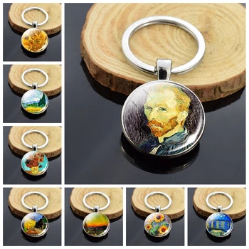 Van Gogh Slnečnice Umenie Dvojité Keychain Sklo Cabochon Šperky, Prívesok, Hviezdna Noc Slnečnice Umenie, Krúžok Na Kľúče Príslušenstvo