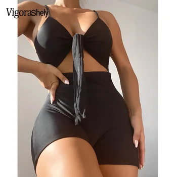 VigorCasey 2022 Black Viazaná Vysoký Pás Spojení Plavky Ženy Sexy Spodnej Jednodielne Plavky Celé Plavky Duté Letné Kúpanie Oblek